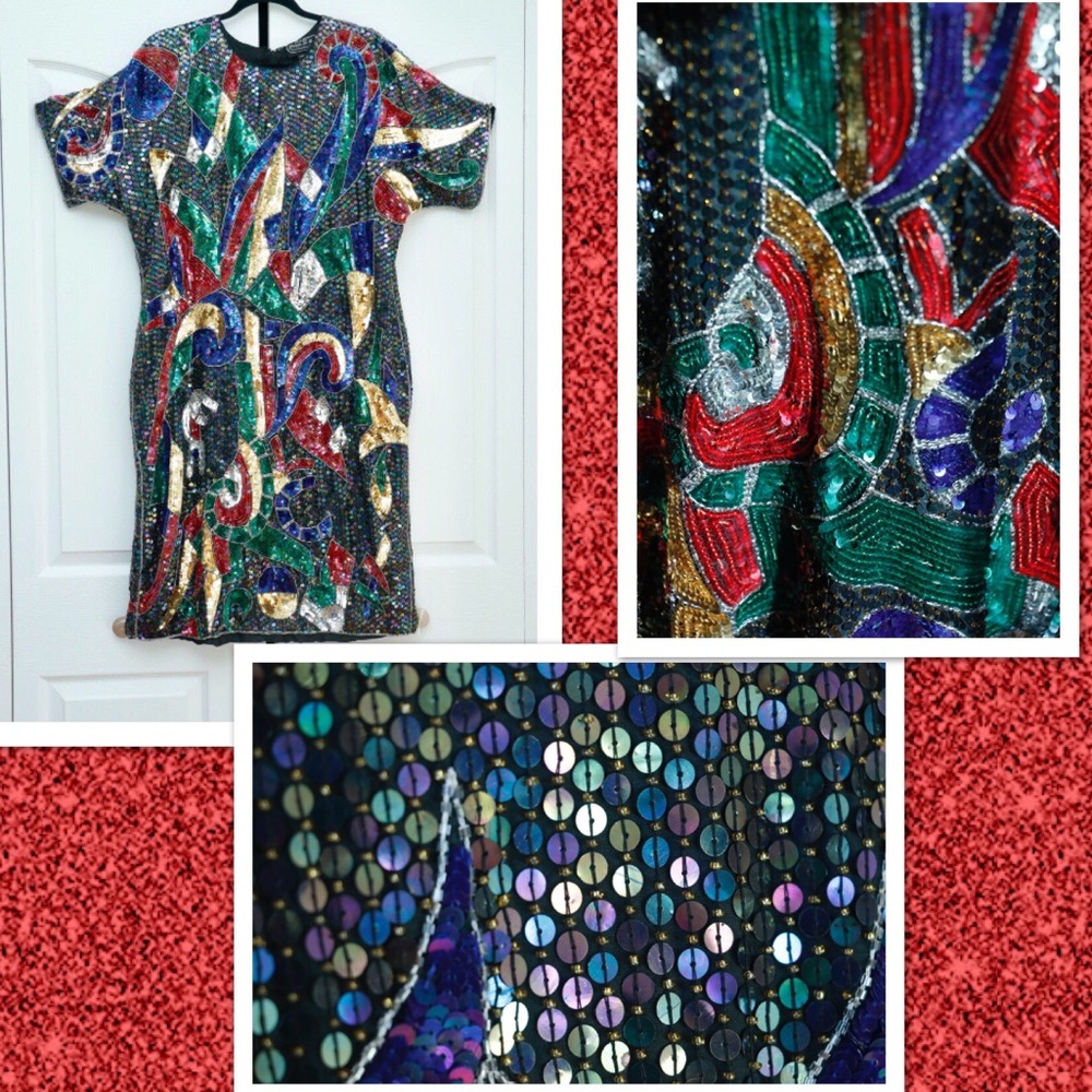 🌈Vintage Multi-Color Silk Sequined Cocktail Dress